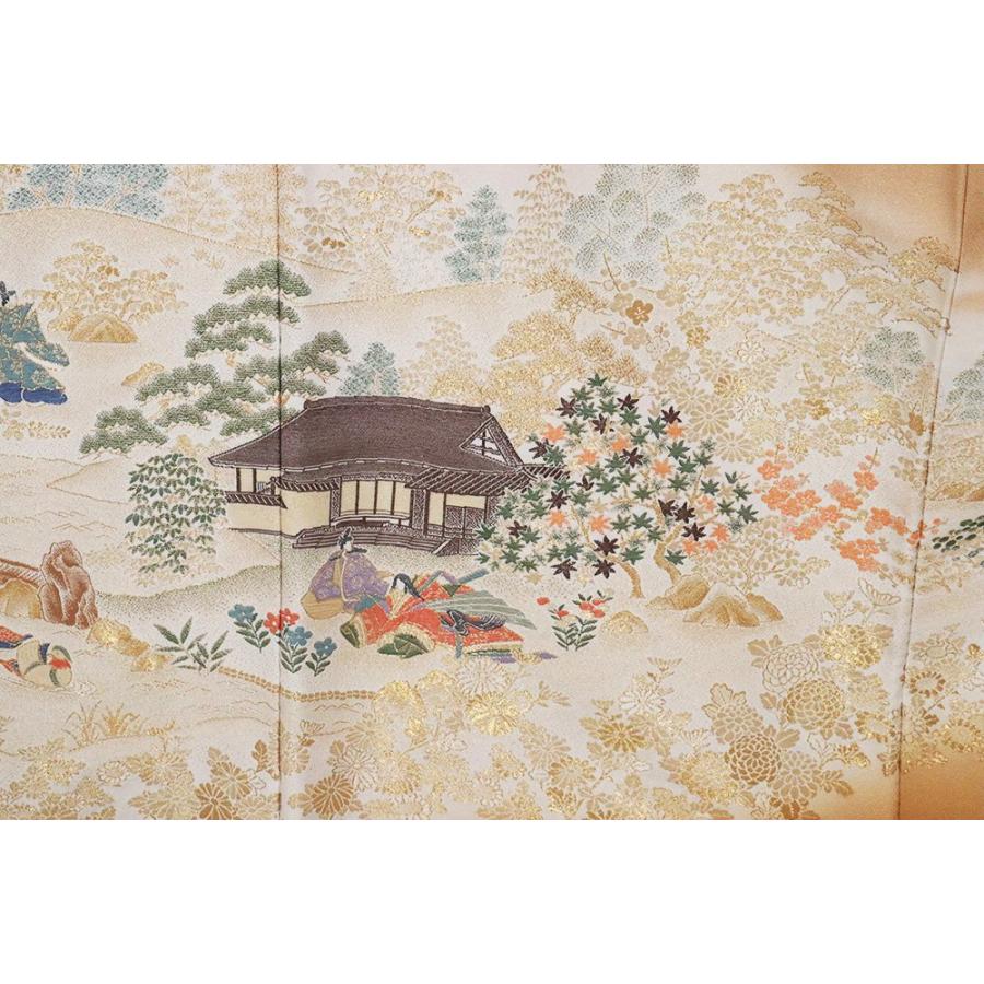 色留袖 袷 正絹 離宮絵図 茶ベージュ 寿光織 源氏物語 Mサイズ ki26891  