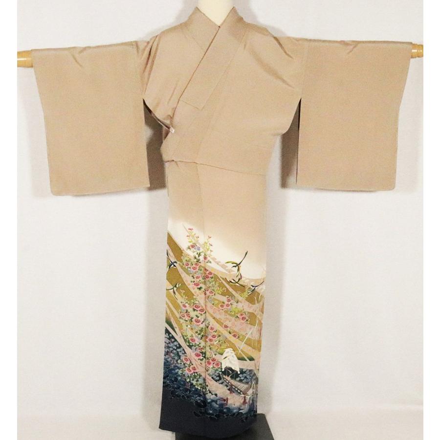 本加賀友禅 木村喜博氏作 色留袖 袷 正絹 薄茶ベージュ 暈し ツバメ 鷺 
