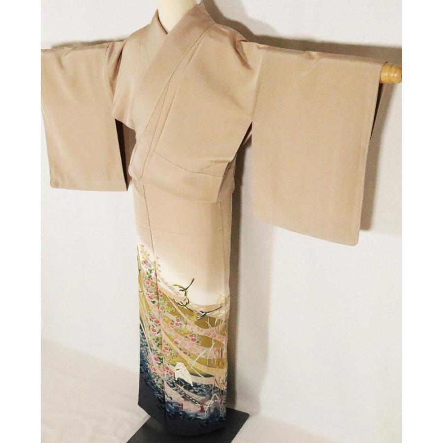 本加賀友禅 木村喜博氏作 色留袖 袷 正絹 薄茶ベージュ 暈し ツバメ 鷺 