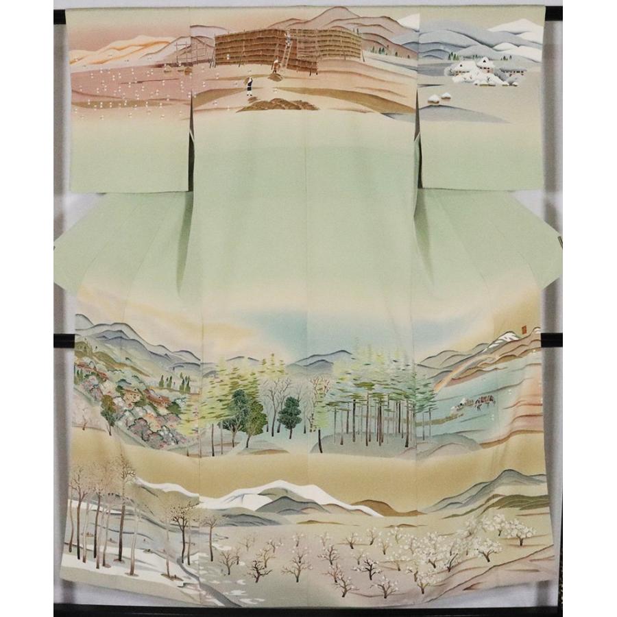 友禅訪問着 袷 正絹 茶 緑 暈し 春夏秋冬 稲干 柿 トンボ 虹 雪景色 S 