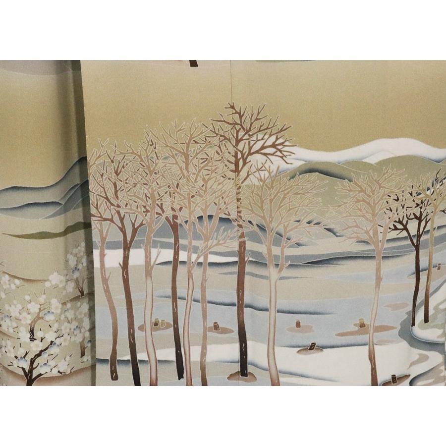 友禅訪問着 袷 正絹 茶 緑 暈し 春夏秋冬 稲干 柿 トンボ 虹 雪景色 S 