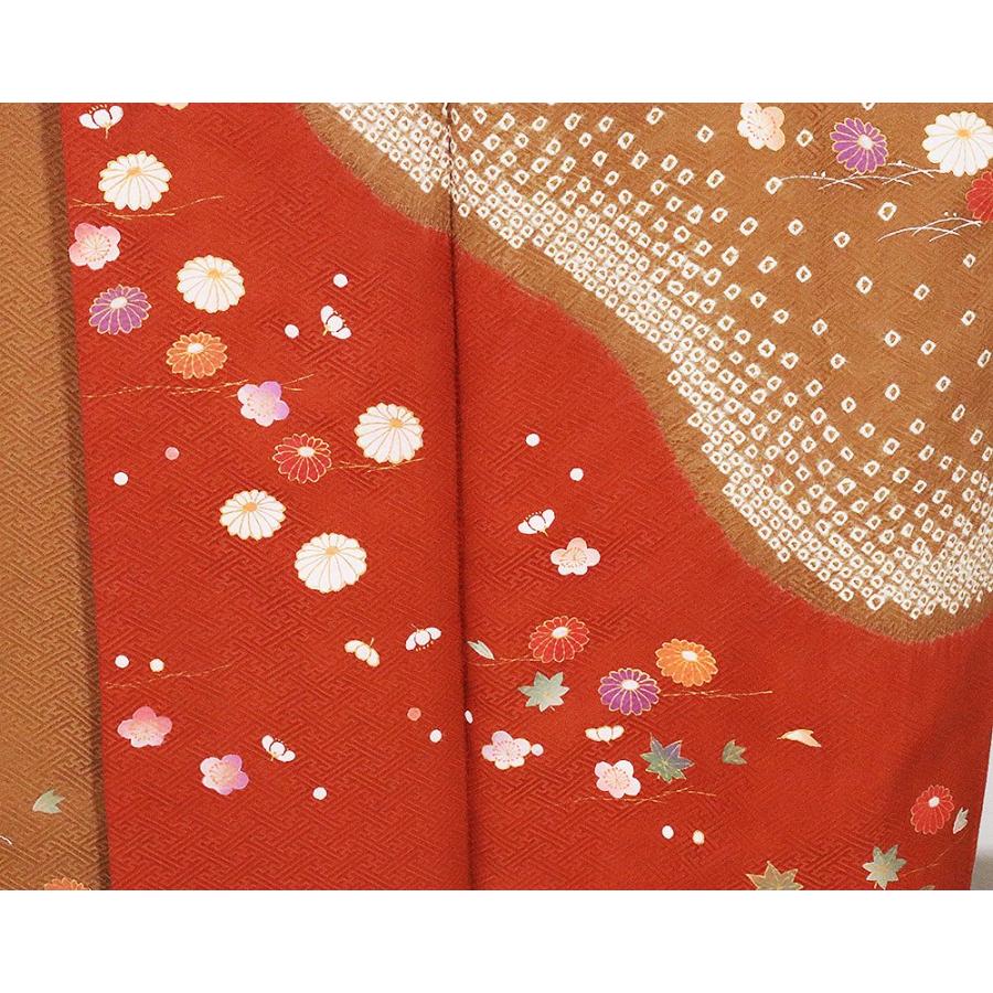 訪問着 正絹 茶色 赤茶色 絞り鹿の子 梅 菊 宝尽くし Mサイズ ki26951 