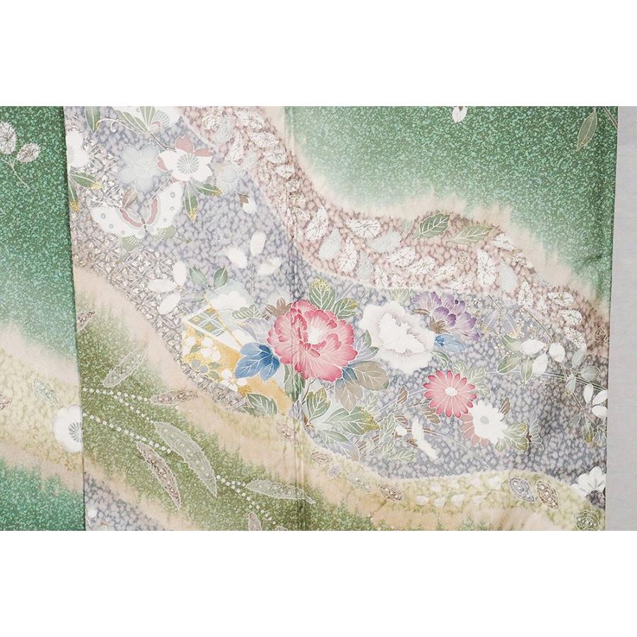 本場縞大島紬 辻が花訪問着 正絹 緑 紫 ベージュ 暈し 絞り辻が花 桜 