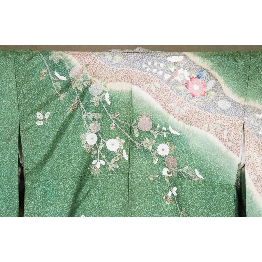 本場縞大島紬 辻が花訪問着 正絹 緑 紫 ベージュ 暈し 絞り辻が花 桜 
