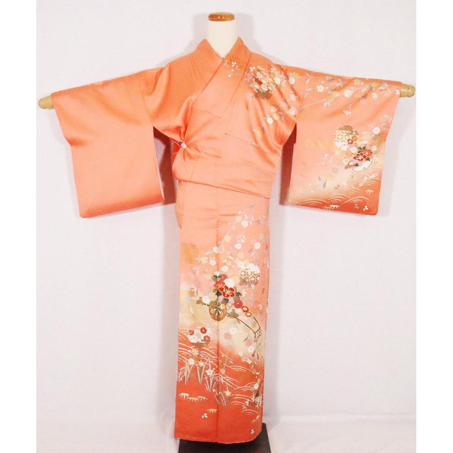 訪問着 袷 正絹 サーモンピンク 薄緑 暈し 花車 雪輪文 枝垂れ桜 菊 