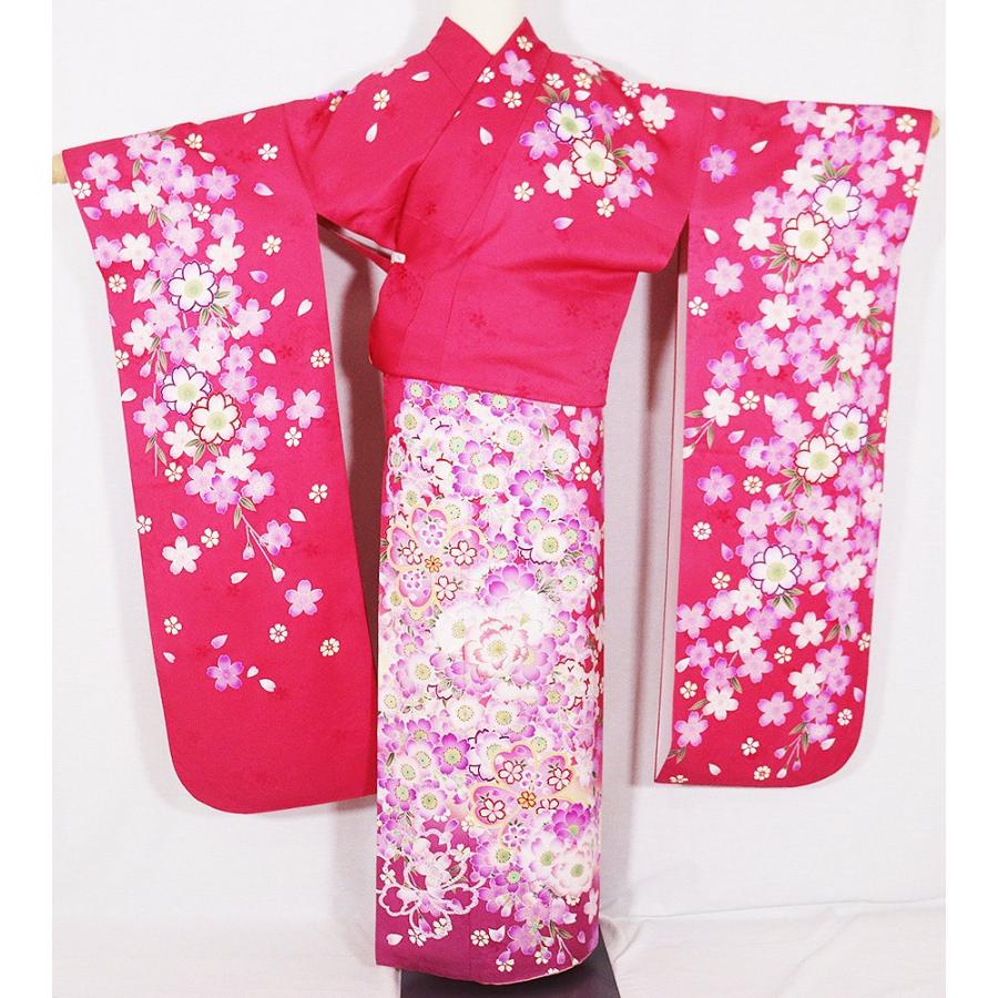 振袖 正絹 ローズピンク 黄色 赤紫 暈し 桜満開 LLサイズ ki27098 ふり 