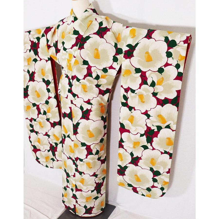 ブランド登録なし レトロ調 振袖 袷 高級化繊 赤紫 銀糸 縦縞 椿 L  