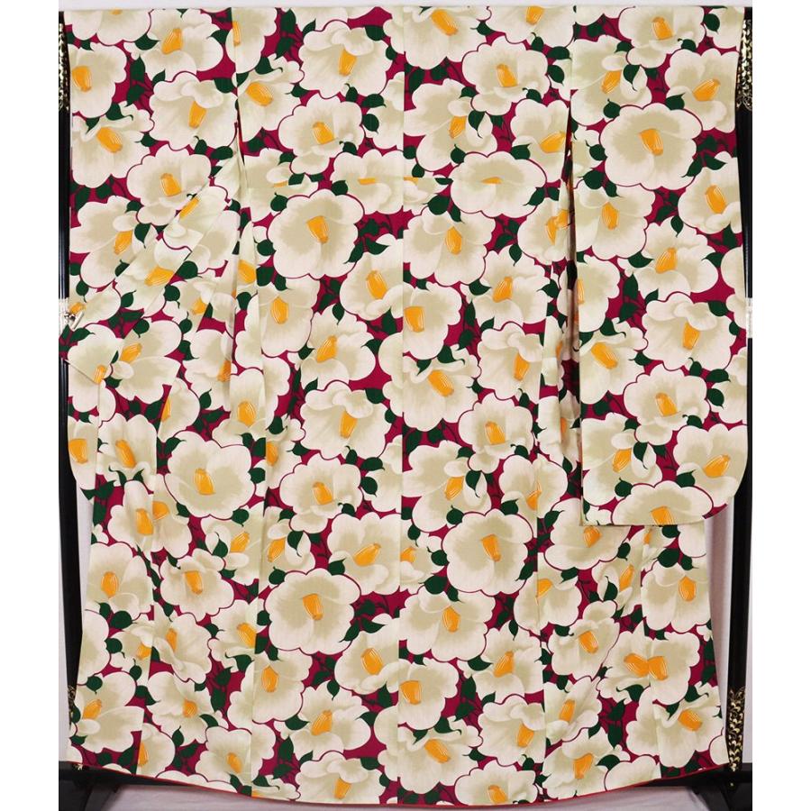 ブランド登録なし レトロ調 振袖 袷 高級化繊 赤紫 銀糸 縦縞 椿 L  