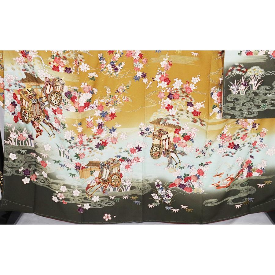 本振袖 袷 正絹 辛子色 グリーン 緑暈し 桜 菊 松竹梅 御所車 ki27135 