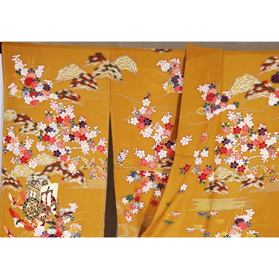 本振袖 袷 正絹 辛子色 グリーン 緑暈し 桜 菊 松竹梅 御所車 ki27135  