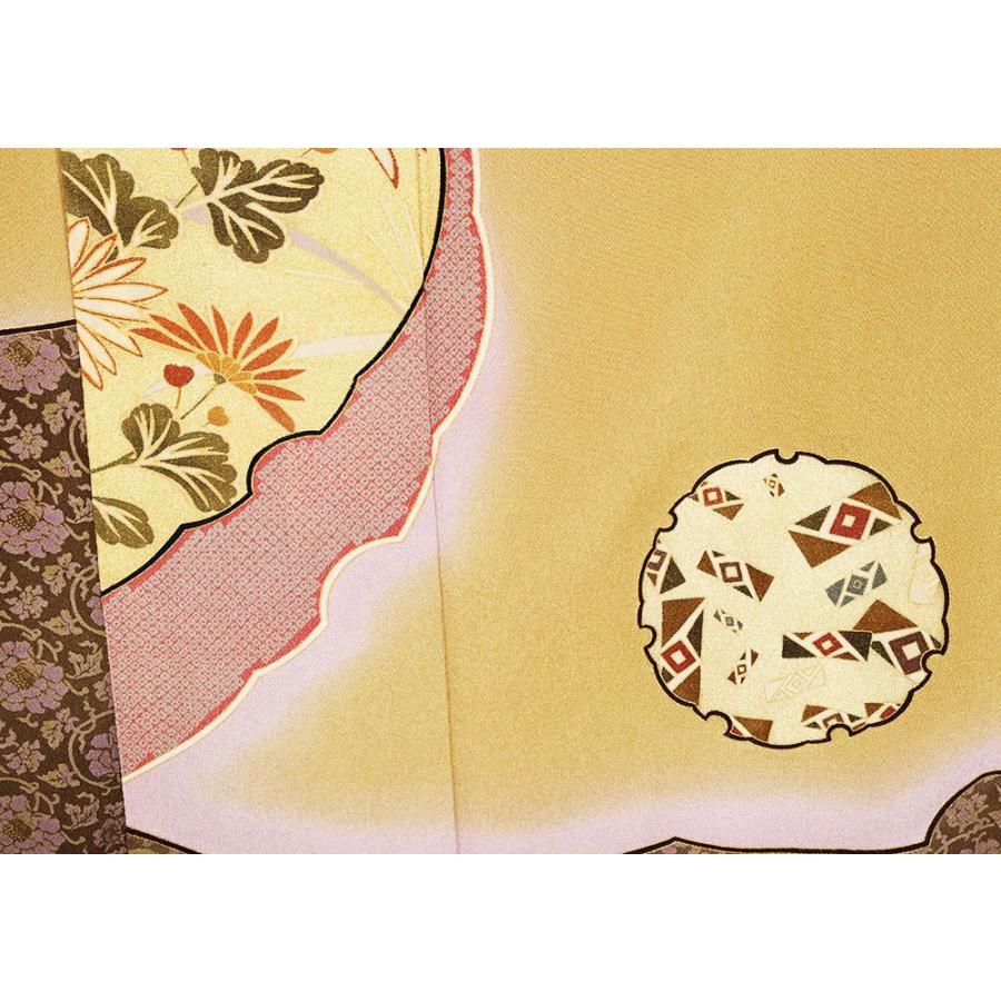 レトロ調 縮緬 訪問着 袷 正絹 黄土色 緑 暈し 雪輪文 菊花 幾何模様
