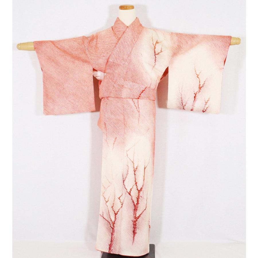 総絞り訪問着 袷 正絹 赤 白 赤紫 暈し 樹木 Sサイズ ki27170 中古美品 