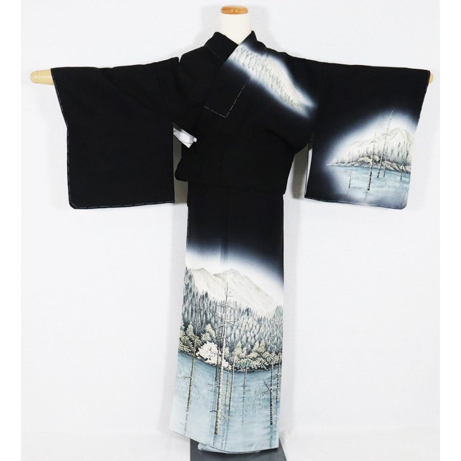 京友禅作家 田家鬼彩氏作 訪問着 袷 正絹 黒 暈し 山水画 Mサイズ 