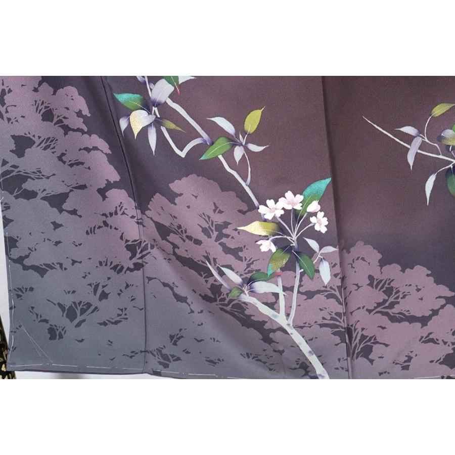 訪問着 袷 正絹 小豆色 紫 暈し 樹木影絵 金箔 銀箔 草花 Sサイズ 