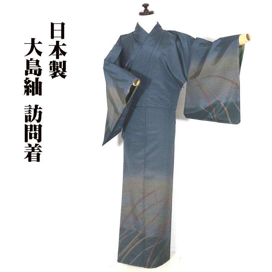 大島紬 訪問着 袷 正絹 紺 若草色 緑 暈し 草柄 Lサイズ ki27288 未 