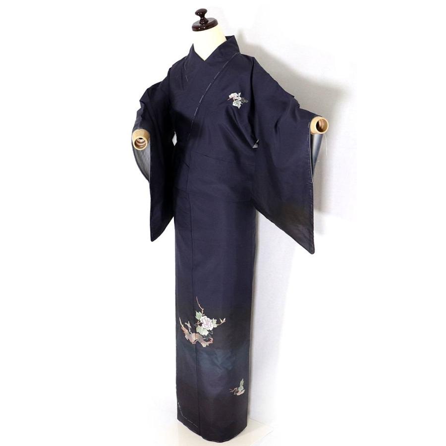 手織り紬 訪問着 袷 正絹 濃紺 緑 紫 墨黒 暈し 絽刺し 刺繍 牡丹 L 