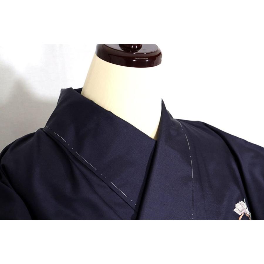 手織り紬 訪問着 袷 正絹 濃紺 緑 紫 墨黒 暈し 絽刺し 刺繍 牡丹 L 