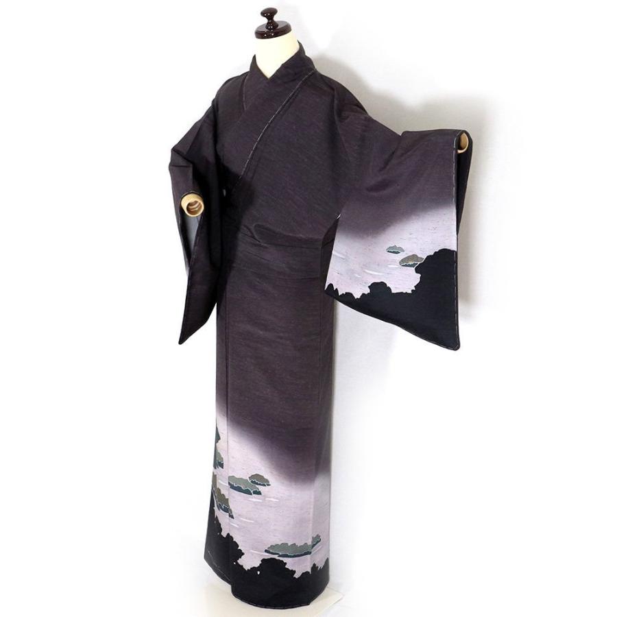 ぜんまい紬 訪問着 袷 正絹 濃茶 グレー 緑 松島 Mサイズ ki27401 新品 