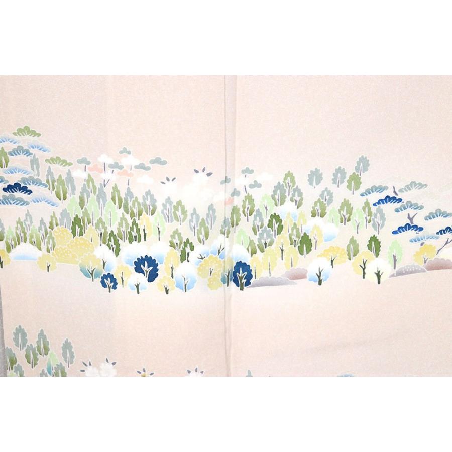 訪問着 袷 正絹 ベージュ グレー 暈し 樹木 松 杉 桜 柳 Lサイズ 
