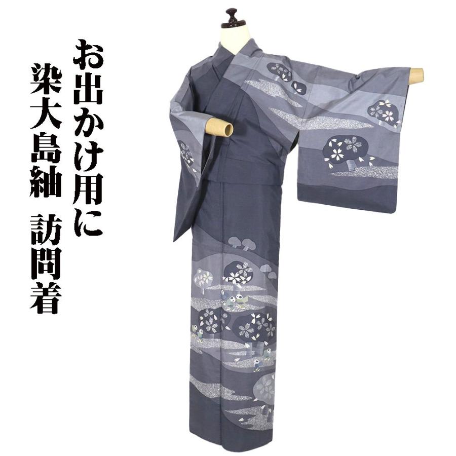 染大島紬 訪問着 袷 正絹 グレー 薄グレー 暈し 童 桜 Sサイズ ki27447