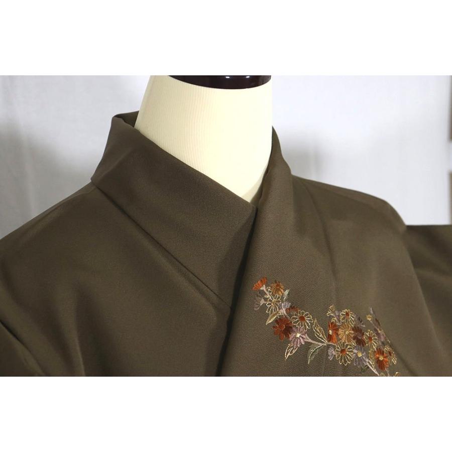 訪問着 袷 正絹 抹茶色 総刺繍 菊 南天 Mサイズ ki27449 中古美品 30代 