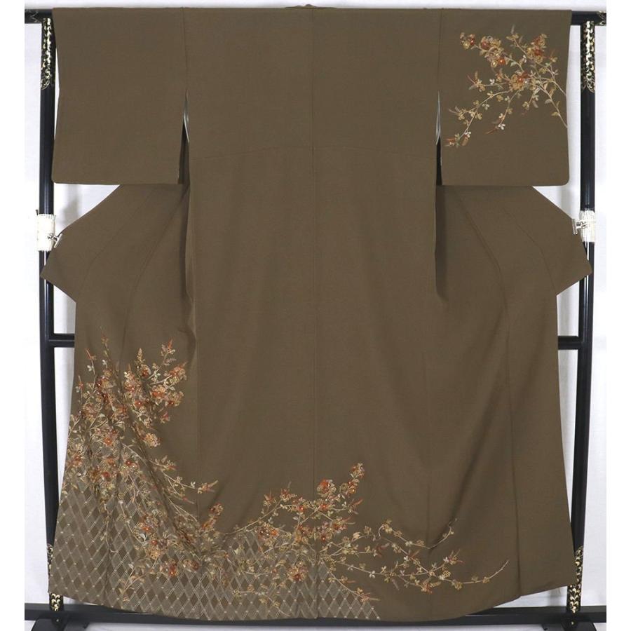 訪問着 袷 正絹 抹茶色 総刺繍 菊 南天 Mサイズ ki27449 中古美品 30代 