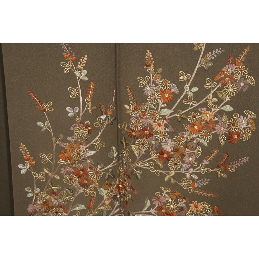 訪問着 袷 正絹 抹茶色 総刺繍 菊 南天 Mサイズ ki27449 中古美品 30代 