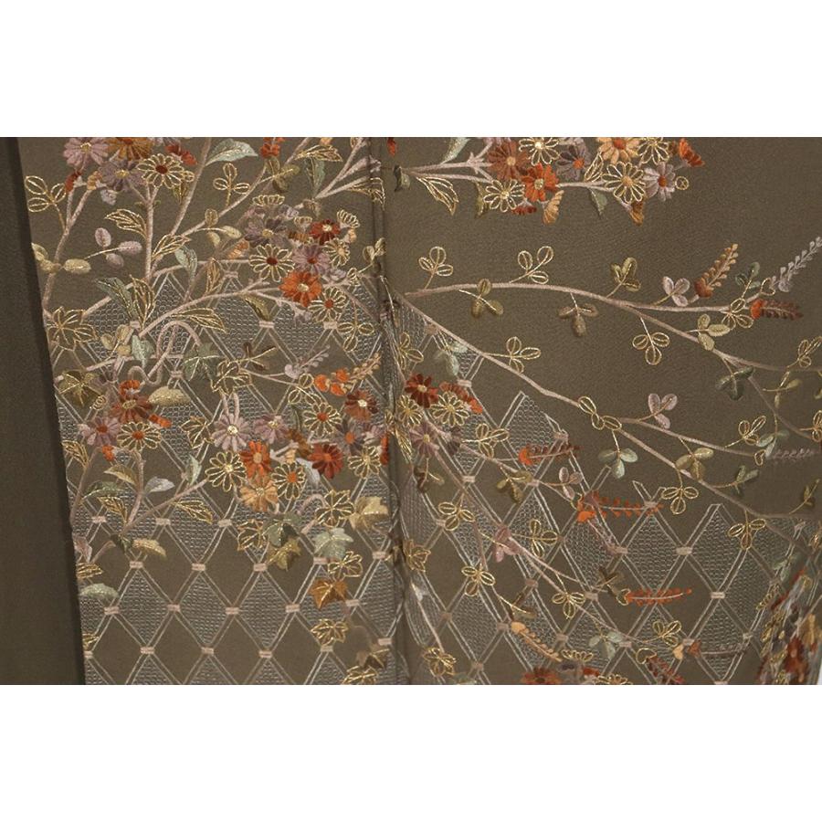 訪問着 袷 正絹 抹茶色 総刺繍 菊 南天 Mサイズ ki27449 中古美品 30代 