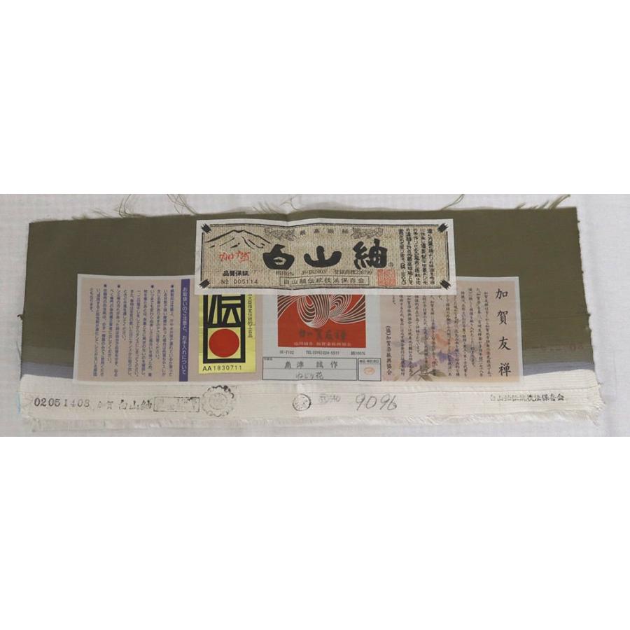 加賀友禅 魚津誠氏作 白山紬 友禅訪問着 袷 正絹 緑 紫暈し花菱 縦縞 S 