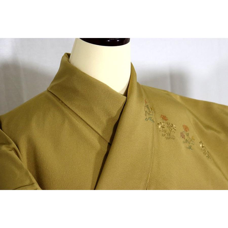 訪問着 袷 正絹 黄土色 緑 暈し 総刺繍 唐花 Mサイズ ki27460 中古美品 