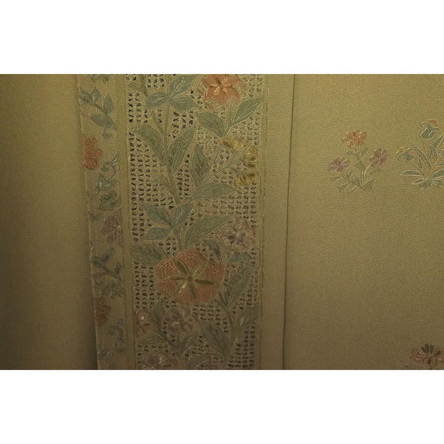 訪問着 袷 正絹 黄土色 緑 暈し 総刺繍 唐花 Mサイズ ki27460 中古美品 