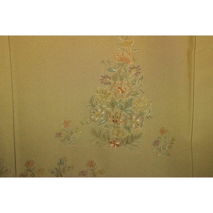 訪問着 袷 正絹 黄土色 緑 暈し 総刺繍 唐花 Mサイズ ki27460 中古美品 