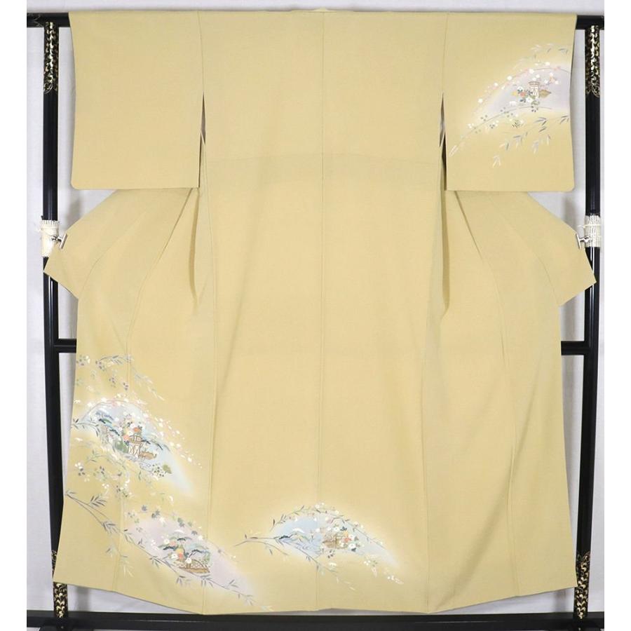 友禅訪問着 袷 正絹 ベージュ 松竹梅 菖蒲 Sサイズ ki27462 中古美品 
