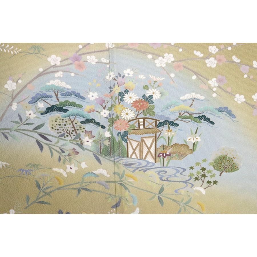 友禅訪問着 袷 正絹 ベージュ 松竹梅 菖蒲 Sサイズ ki27462 中古美品 