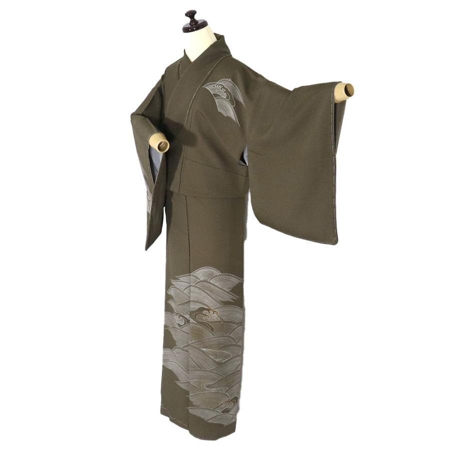 訪問着 袷 正絹 抹茶色 金箔 荒波 Mサイズ 新品 着物 レディース  