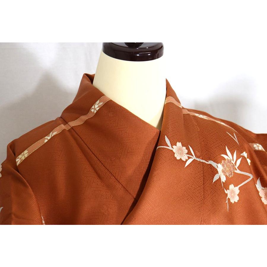 レトロ調 訪問着 袷 正絹 赤茶 桜 松竹梅 紅葉 刺繍 Sサイズ 美品 着物