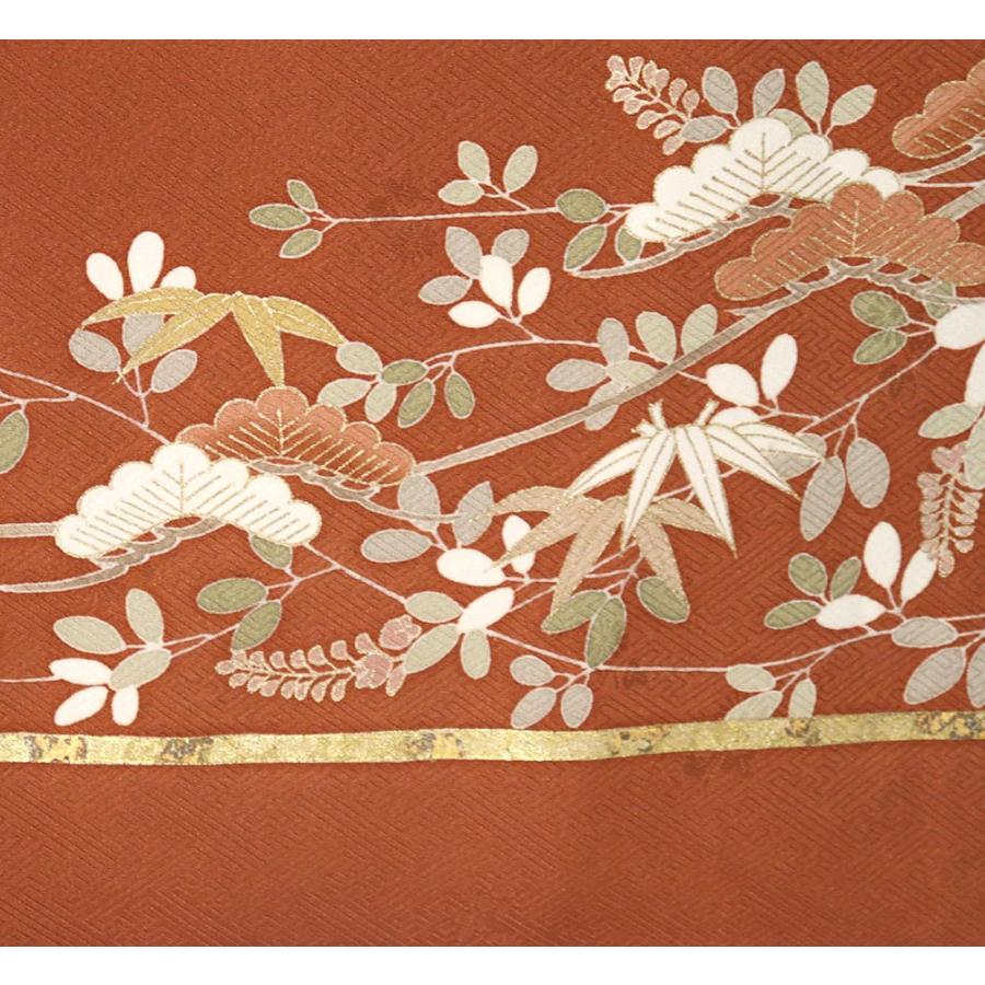 レトロ調 訪問着 袷 正絹 赤茶 桜 松竹梅 紅葉 刺繍 Sサイズ 美品 着物