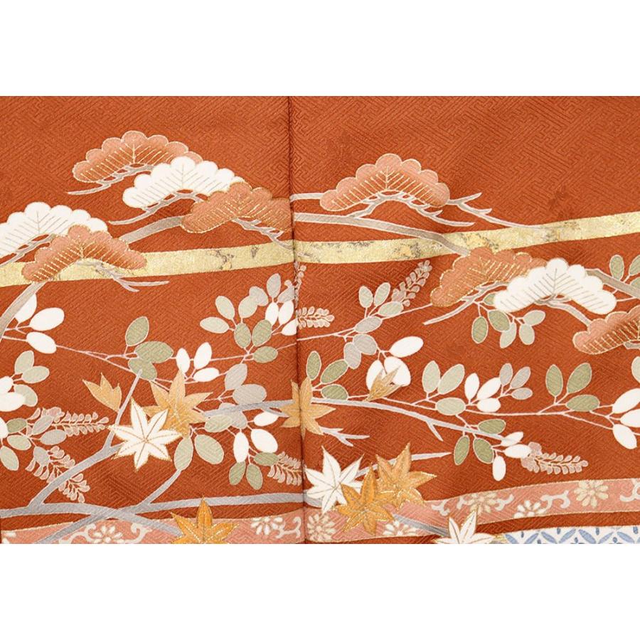 レトロ調 訪問着 袷 正絹 赤茶 桜 松竹梅 紅葉 刺繍 Sサイズ 美品 着物