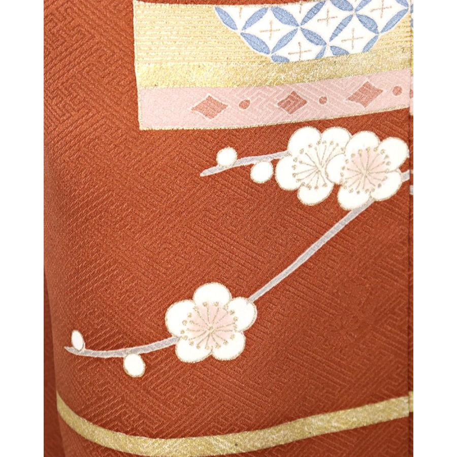 レトロ調 訪問着 袷 正絹 赤茶 桜 松竹梅 紅葉 刺繍 Sサイズ 美品 着物