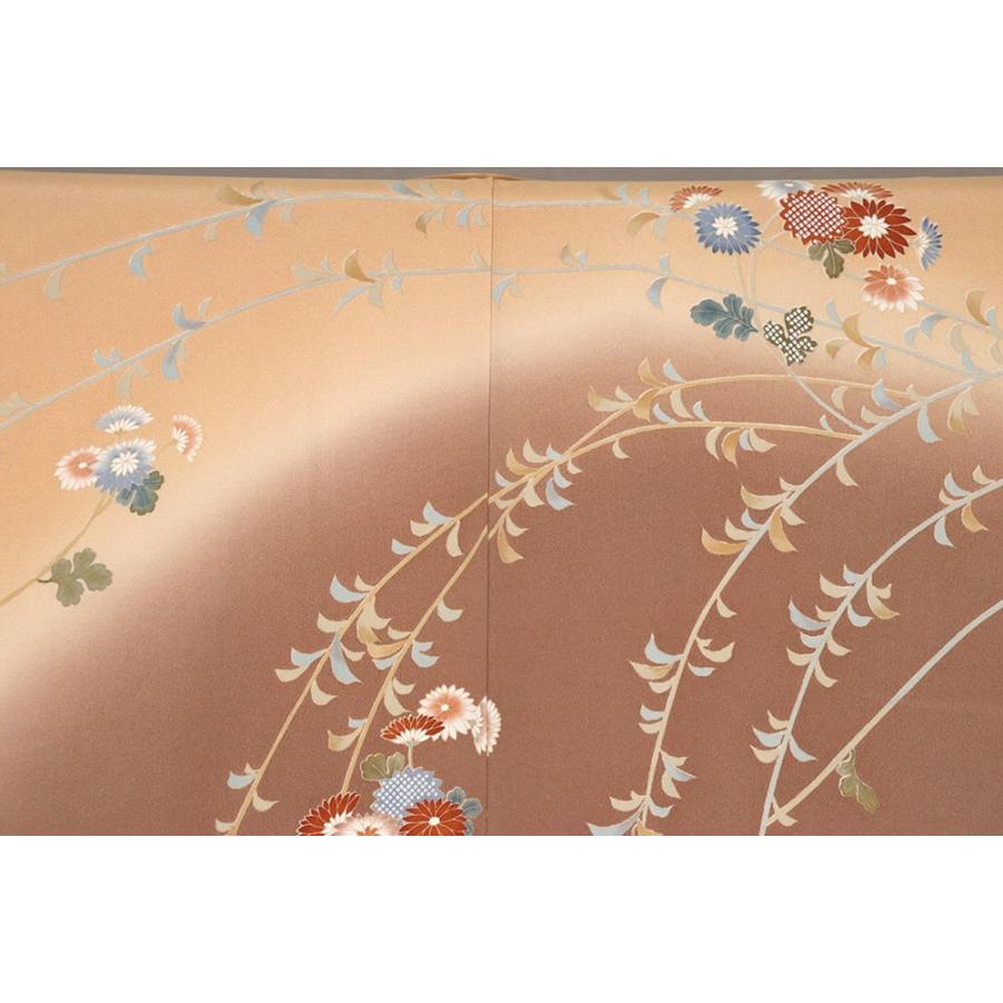 友禅訪問着 袷 正絹 オレンジ 小豆色 暈し 菊花 Lサイズ ki27683 美品 