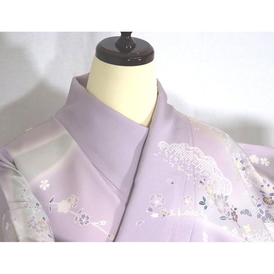 友禅訪問着 袷 正絹 紫 薄緑 雲取文 花籠 牡丹 桜 松竹梅 トールサイズ 