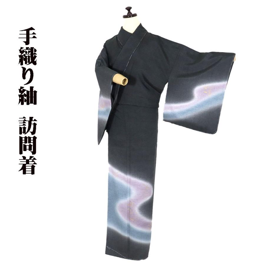 手織り紬 訪問着 袷 正絹 緑 ピンク グリーン 金箔 草花 Sサイズ 