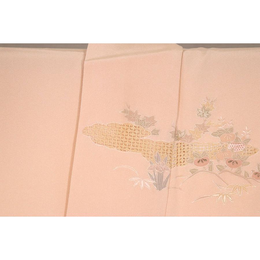 訪問着 袷 正絹 サーモンピンク 薄緑 赤茶 刺繍 松竹梅 御所車 Lサイズ 