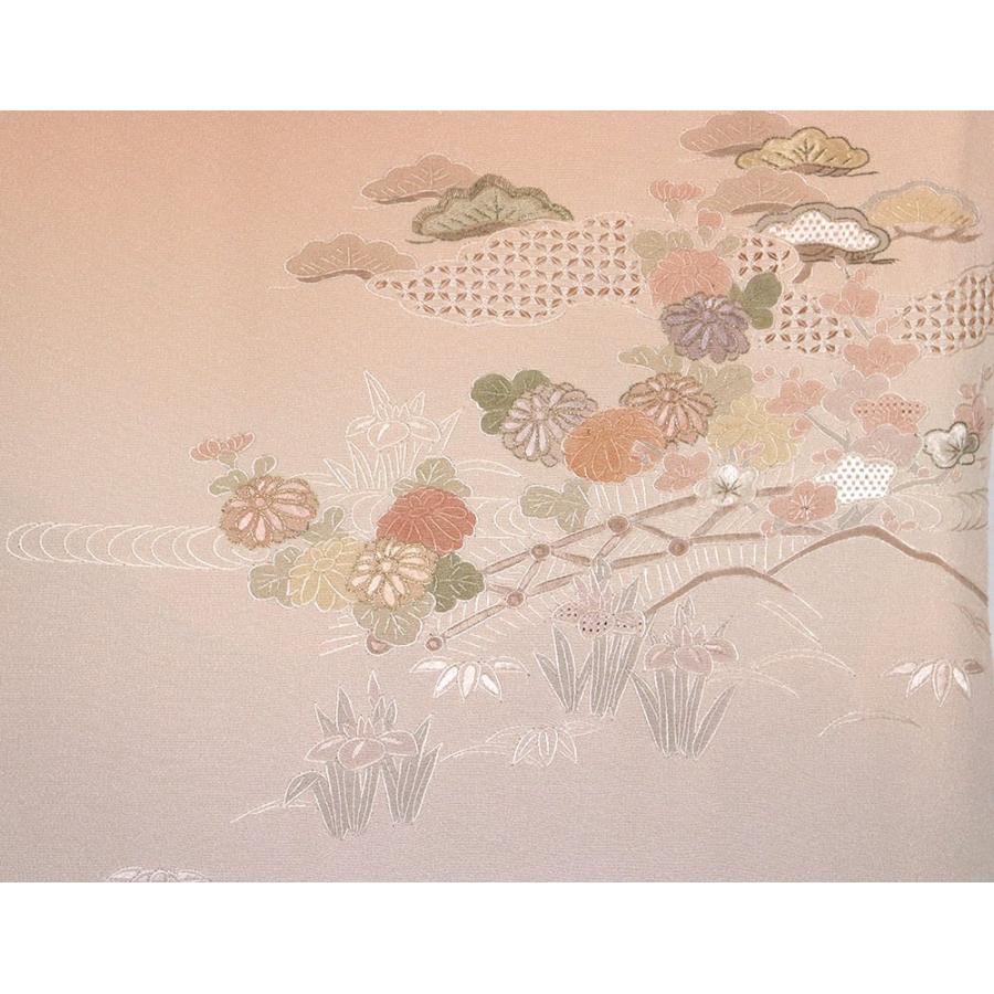 訪問着 袷 正絹 サーモンピンク 薄緑 赤茶 刺繍 松竹梅 御所車 Lサイズ 