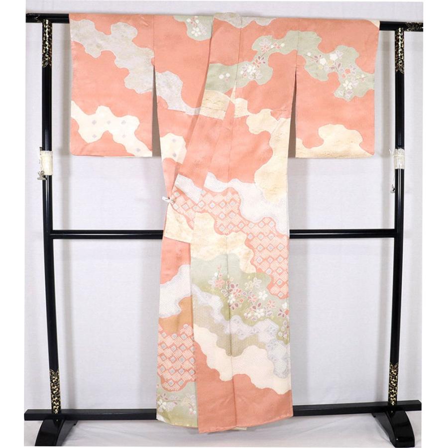 訪問着 袷 正絹 薄赤紫 緑 ベージュ 薄緑 絞り 梅花 流水 Mサイズ 