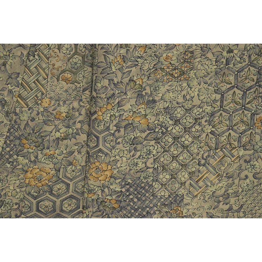 訪問着 袷 正絹 黄緑 ベージュ 緑 唐花 更紗 Mサイズ ki27772 美品 