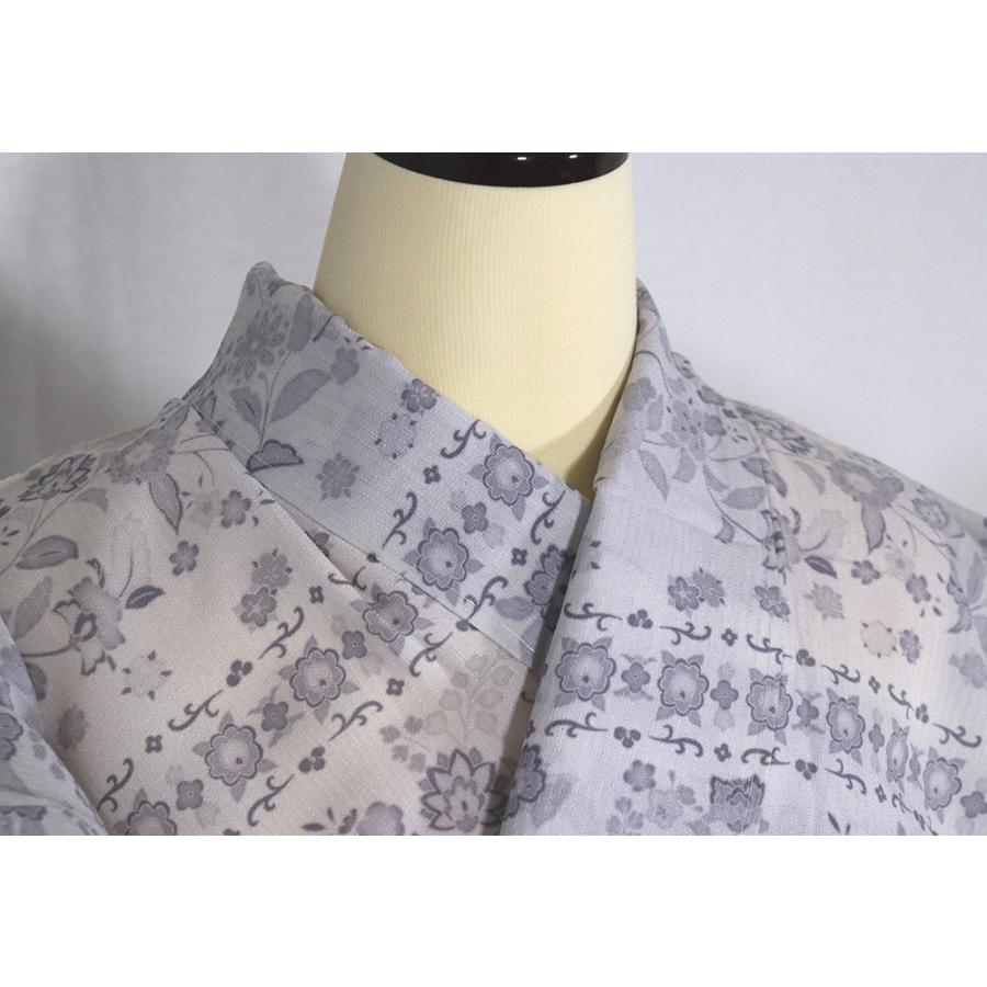 紋紗 訪問着 正絹 白 薄グレー 赤紫 墨黒 暈し 唐花 華文 更紗縞  
