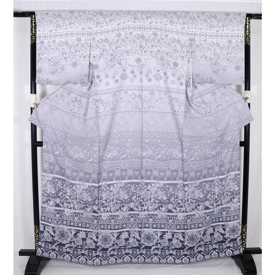 紋紗 訪問着 正絹 白 薄グレー 赤紫 墨黒 暈し 唐花 華文 更紗縞  