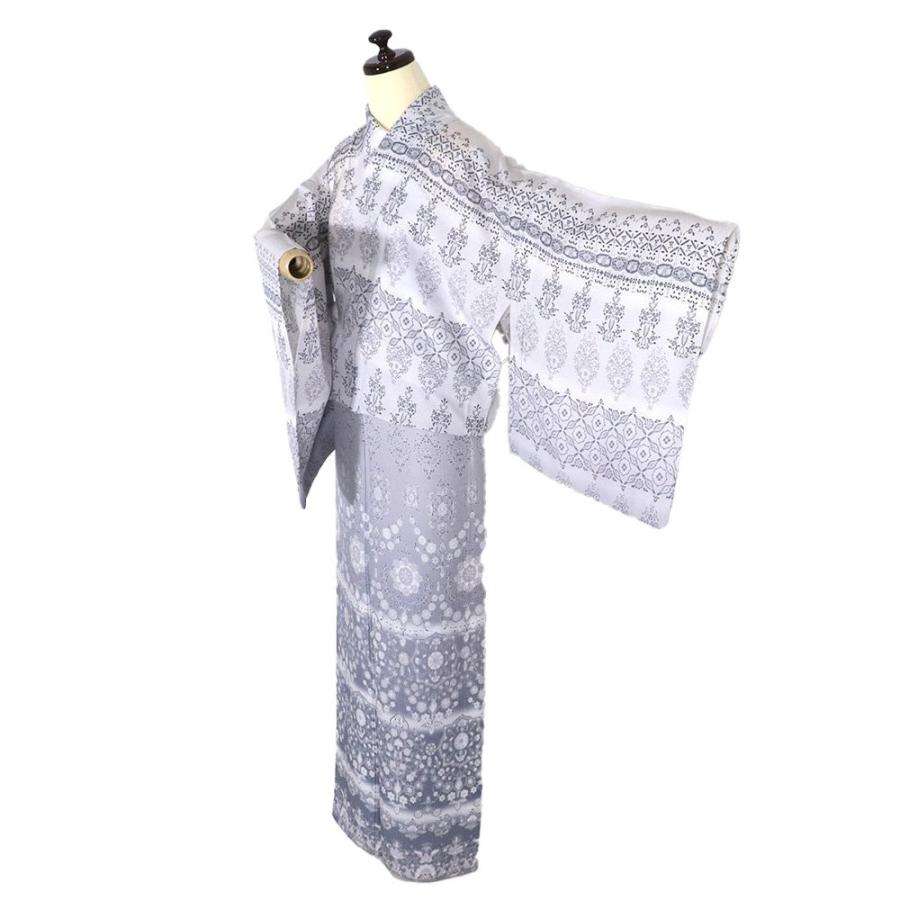 紋紗 訪問着 正絹 ライトグレー 暈し 唐花 華文 更紗縞 ki27995 新品 