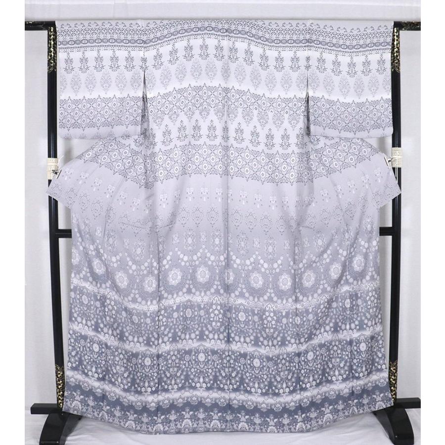 紋紗 訪問着 正絹 ライトグレー 暈し 唐花 華文 更紗縞 ki30676 新品 